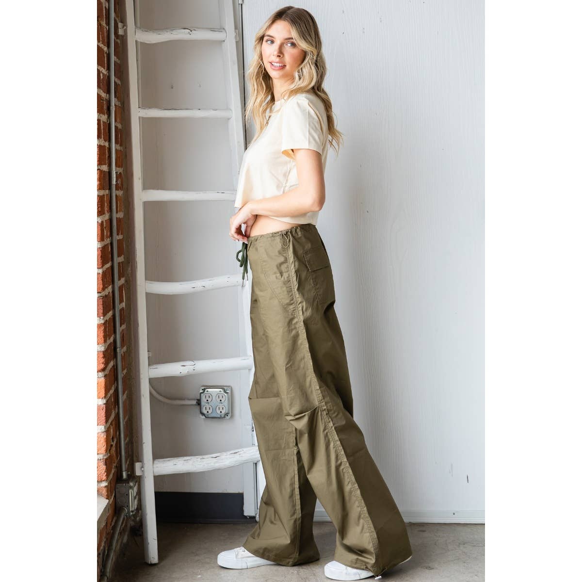 Olive Wide Fit Drawstring Parachute Pants for wholesale on Faire10