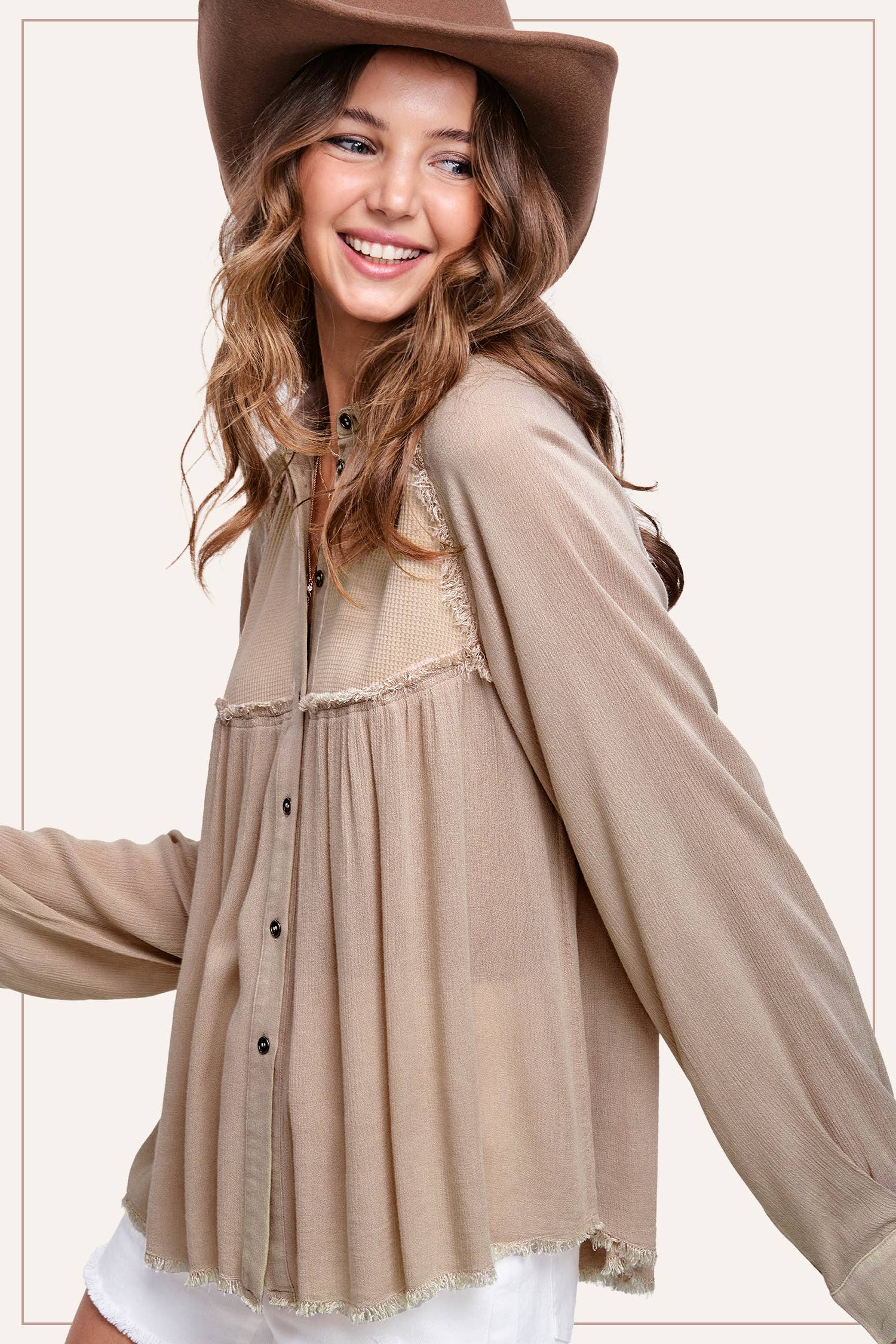 La Miel - Wholesale Button Down Shirt - Women's - SRT7802-Soft Washed Button Down Waffle Textured Gauze Shirts9