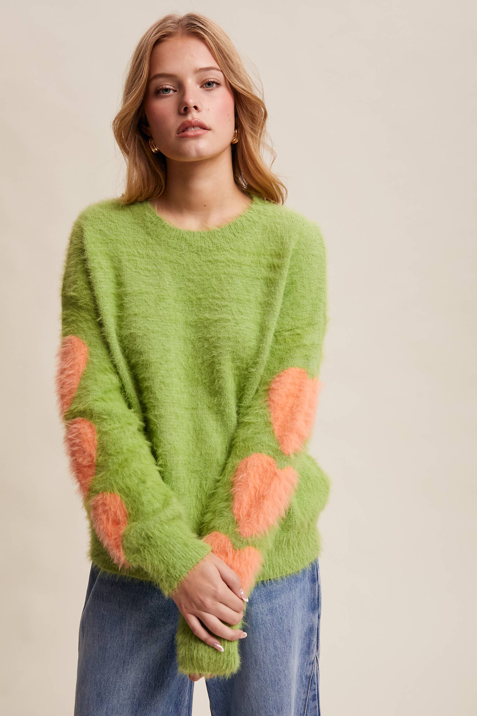 Listicle - Wholesale Knit Sweater - Women's - Fuzzy Heart-Sleeve Pullover Sweater LSW08723