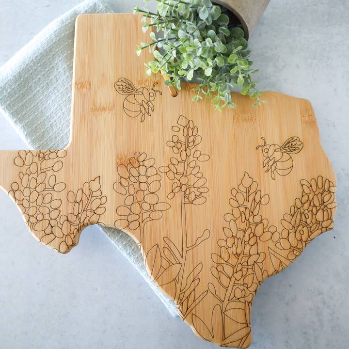 Texas Shaped Serving Board with Bluebonnet and Bees Gift for wholesale by Becky Bug Designs