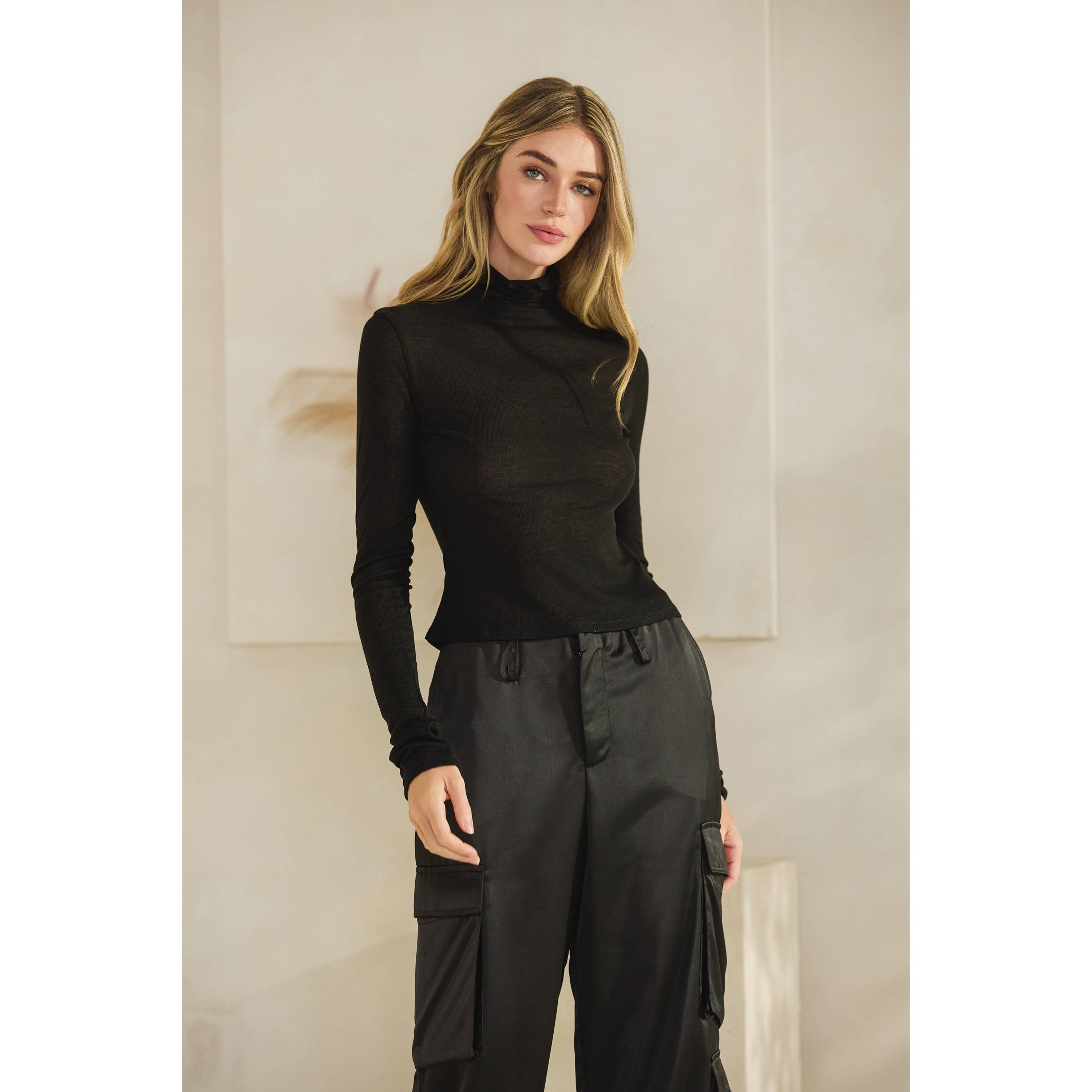 Honey Mango - Wholesale Blouse - Women's - Long sleeve sheer turtleneck top0