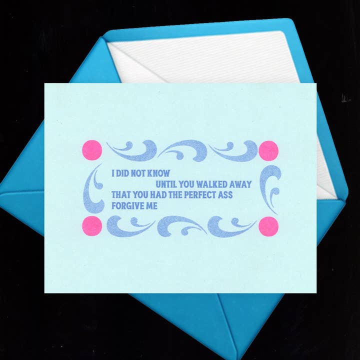 Leonard Cohen "Vergeef" Risograph Valentijnsdag Jubileum Kaart voor wholesale door Back of Beyond Press