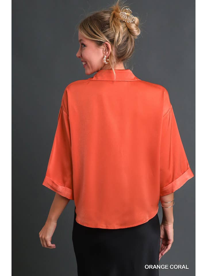 Vanilla Monkey - Wholesale Blouse - Women's - Satin Collared Button Down Front Tie Top