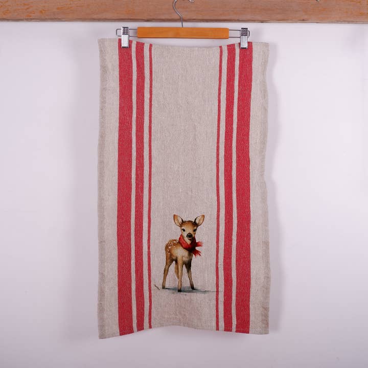 Baby reindeer Stripe Vintage Linen Kitchen Towel for wholesale by NorraVilla