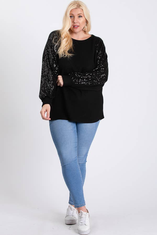 7th Ray - Wholesale Tunic - Women's - [PLUS SIZE] Brushed Knit Sequin Long Sleeve Top T2937XL7