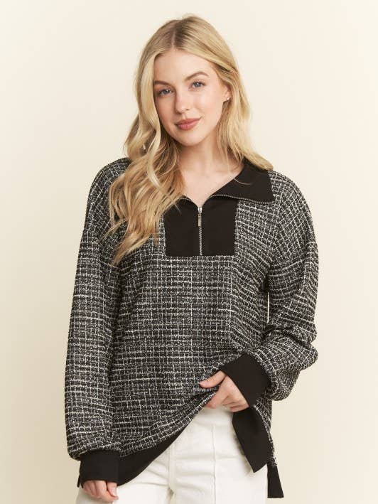 ET8017-12 LONG SLEEVE ZIP UP BOUCLE TOP for wholesale by HEIMISH