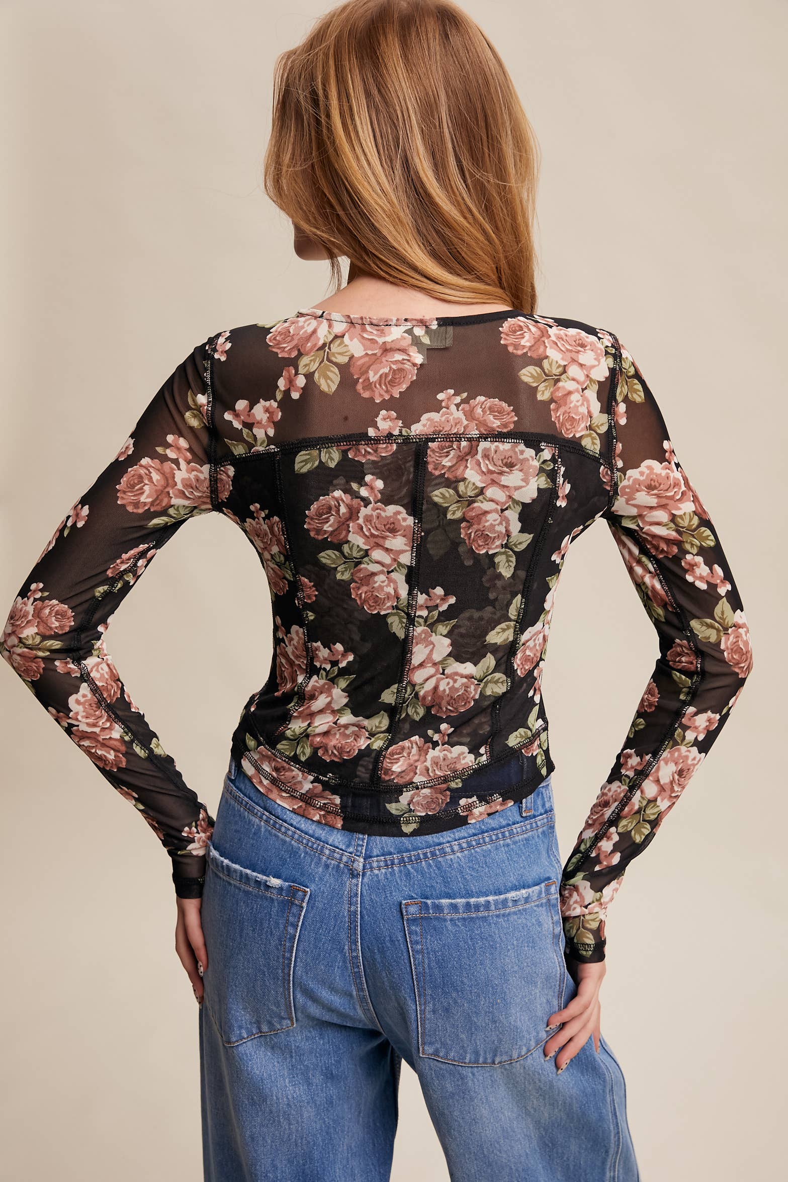 Listicle - Wholesale T-Shirt - Women's - Floral Mesh Long Sleeve Layering Top44