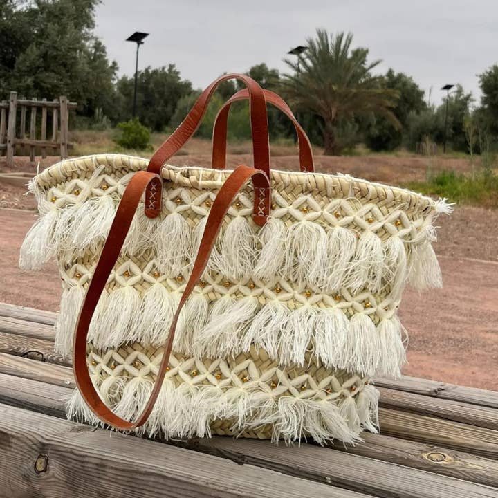 French basket tote bag with white tassels for wholesale by MARRAKECH METACRAFT LTD