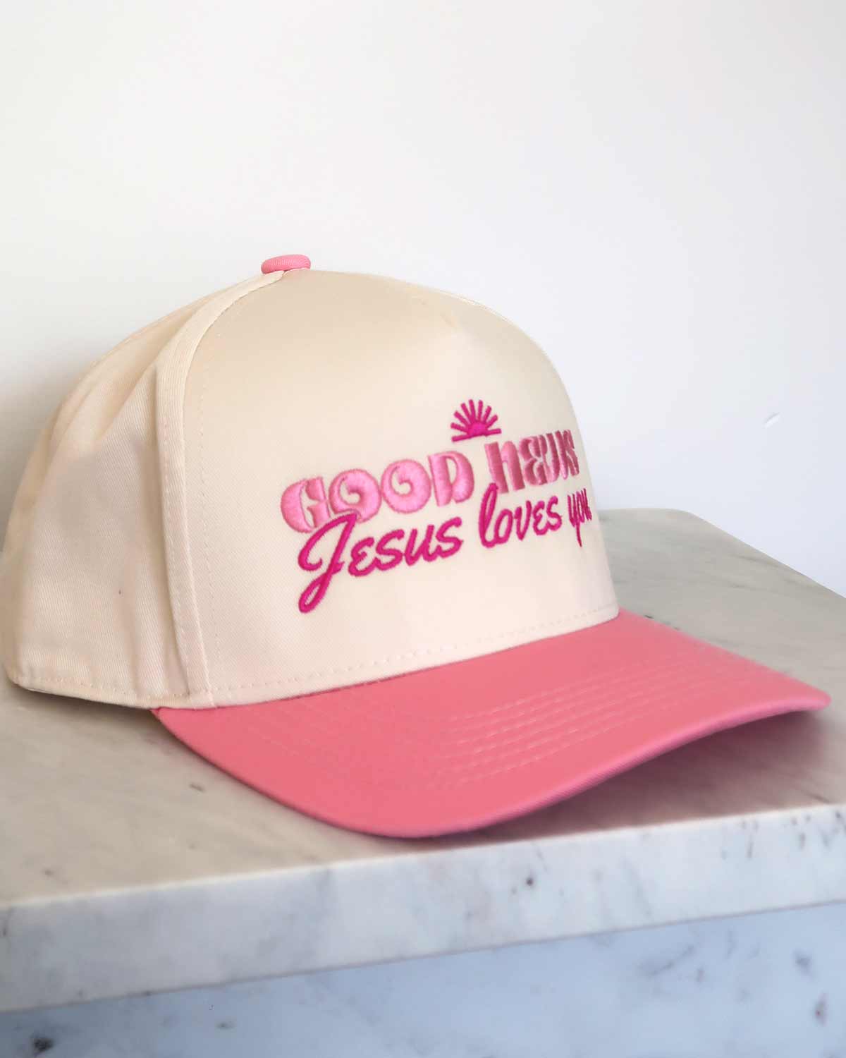 Sundrop - Wholesale Trucker Hat - Women's - Good News, Jesus Loves You Embroidered Pink Hat2