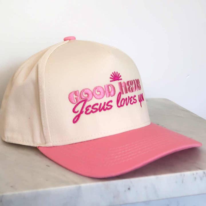 Sundrop - Wholesale Trucker Hat - Women's - Good News, Jesus Loves You Embroidered Pink Hat2