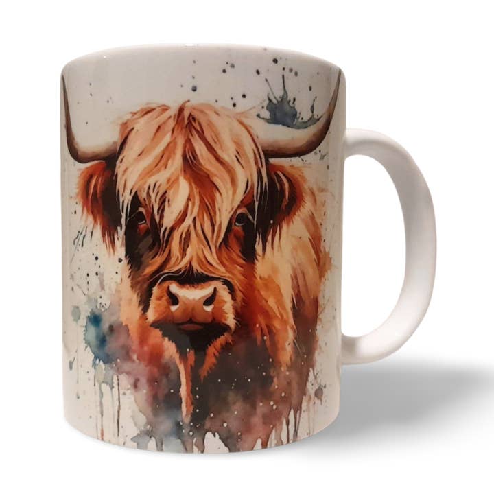 Highland Cow Coffee Mug, Water Colour Style (Design 4) for wholesale by Rockways Designs