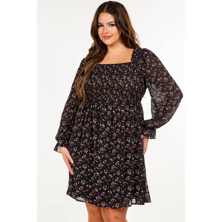 VESTIDO ACAMPANADO DE MANGA LARGA CON ESTAMPADO FLORAL DE CHIFÓN DE TALLA GRANDE para venta al por mayor de Curve Market