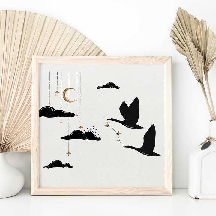 Birds Wall Art, Birds Print, Nature Print, Moon and Stars for wholesale by Sun in Ink