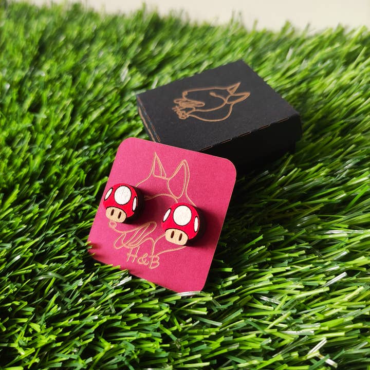 Herbs&Belles - Wholesale Stud/Post Earrings - Wooden Colorful Super Mario Mushroom Earrings Handmade Jewel