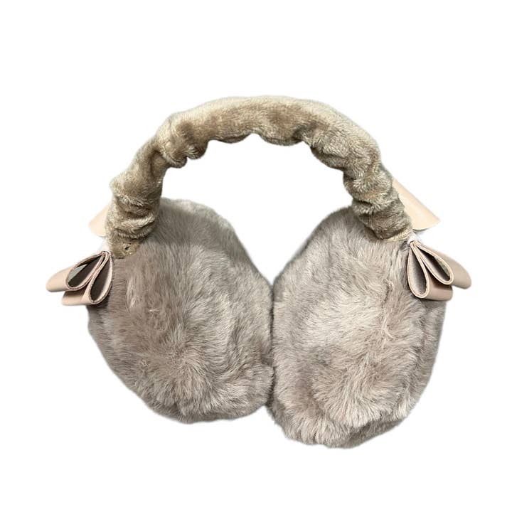 Fluffy adjustable earmuff with leather bows taupe for wholesale by ILLYTRILLY