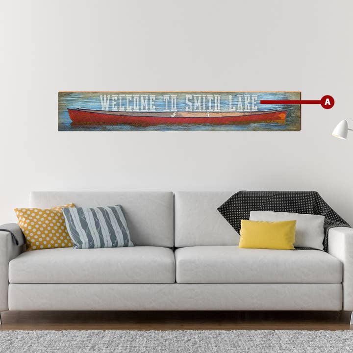 Anpassningsbar röd kanot välkomstskylt | Väggkonsttryck på äkta trä | 9,5 ”x59" för wholesale av Mill Wood Art