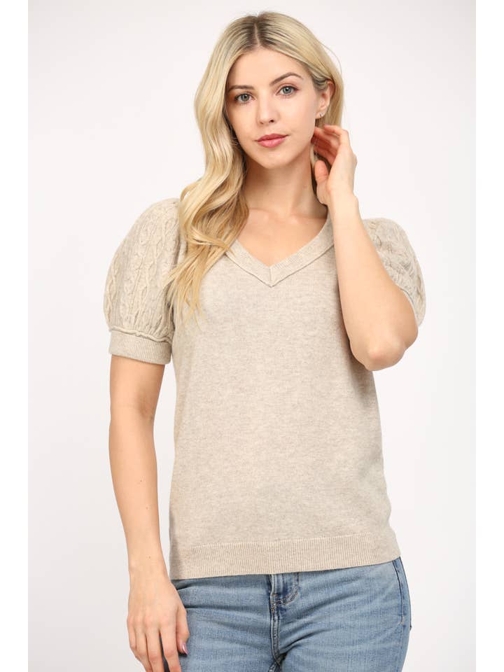 OATMEAL CASHMERE BLEND CABLE KNIT SHORT PUFF SLV SWEATER FW15535 for wholesale on Faire