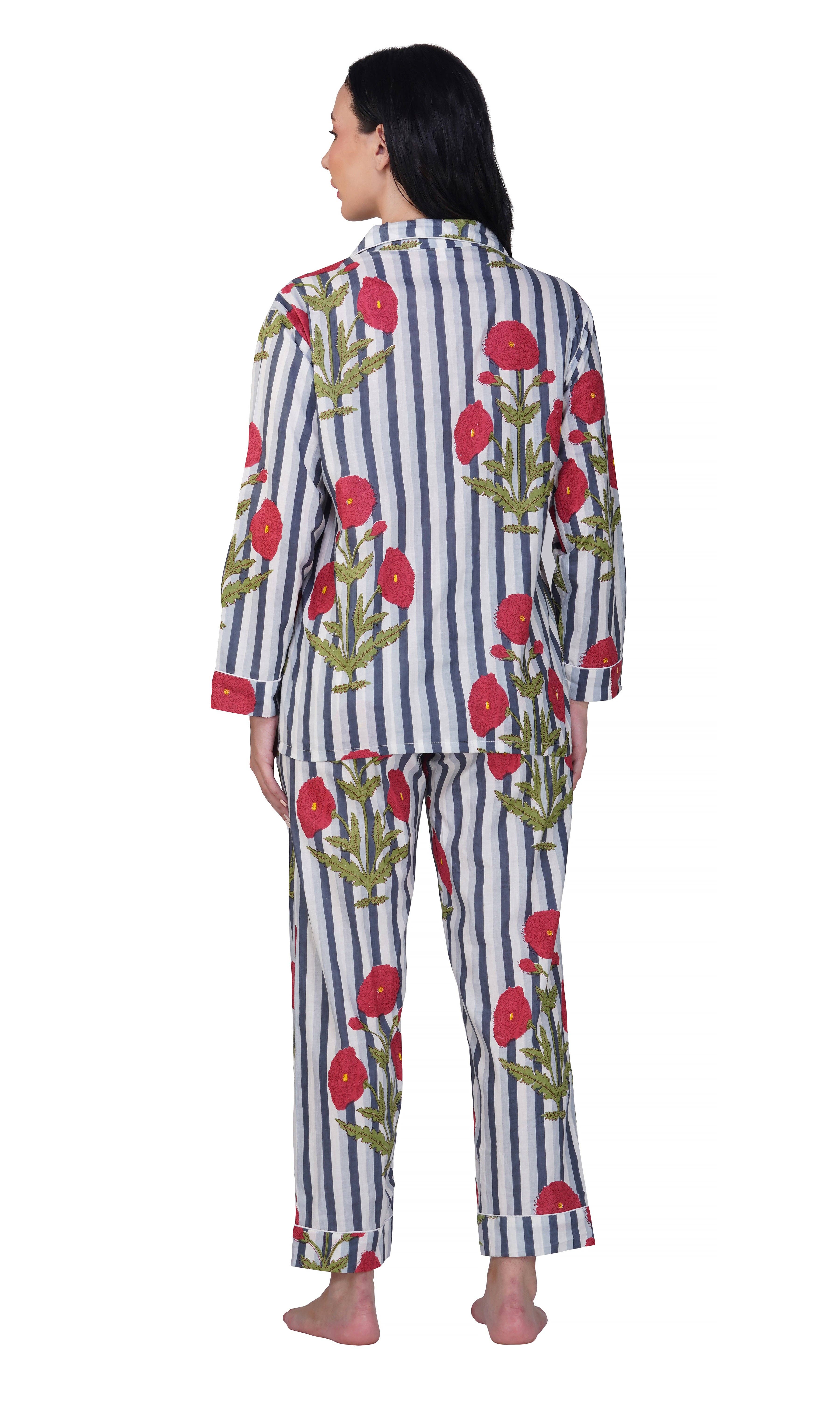 Purple Mohar - Wholesale Sleepwear Set - Women's - Poppy Dreams: 3-Piece Floral & Stripes Night Suit Set"6