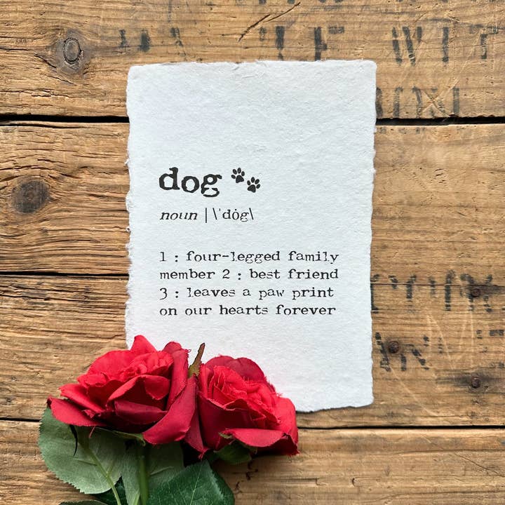 dog definition print in typewriter font on handmade paper for wholesale by Alison Rose Vintage