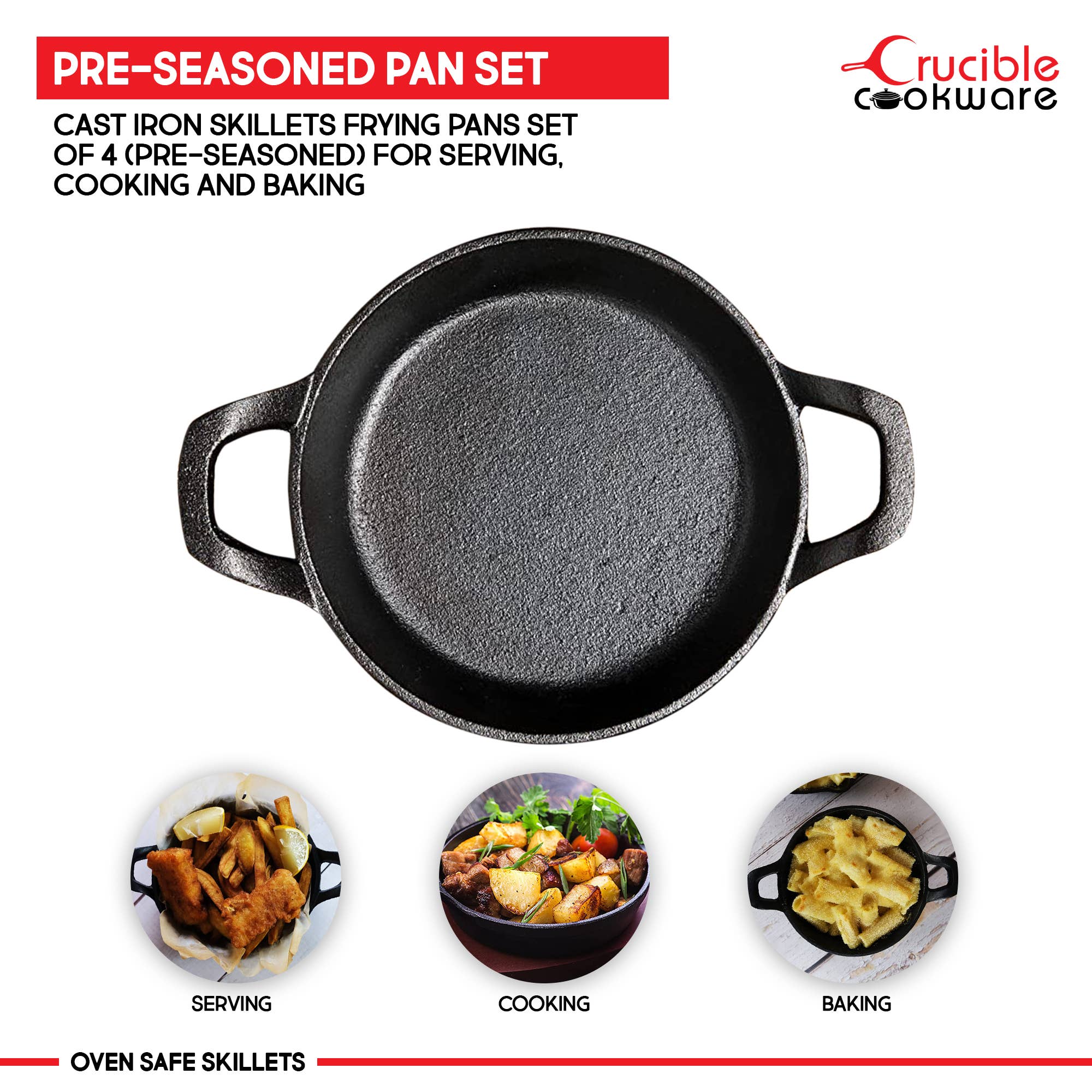 Crucible Cookware – Engroshandel Støbejernspande – Støbejern stegepander Stegepander Sæt med 42