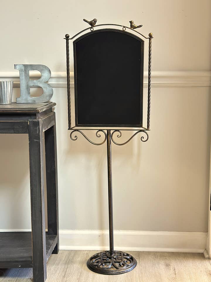 Metal Pedestal Chalkboard with Bird Accents for wholesale by Vagabond Vintage