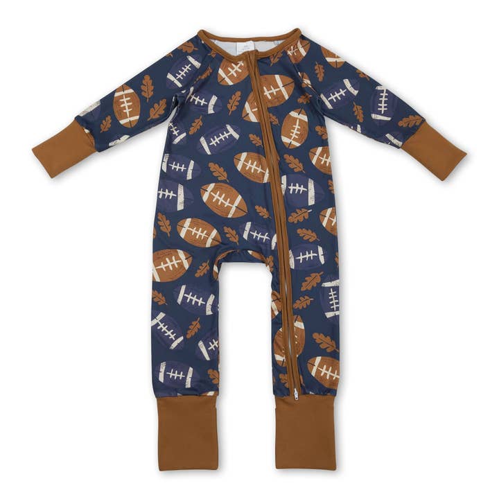 Long sleeves brown leaves football baby zipper romper for wholesale by Yawoo Garments