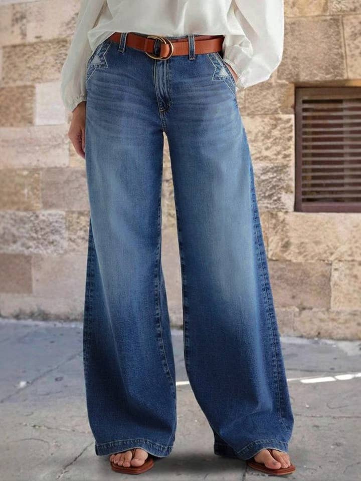 Blue Vintage Wide-Leg Embroidered Casual Jeans for wholesale on Faire