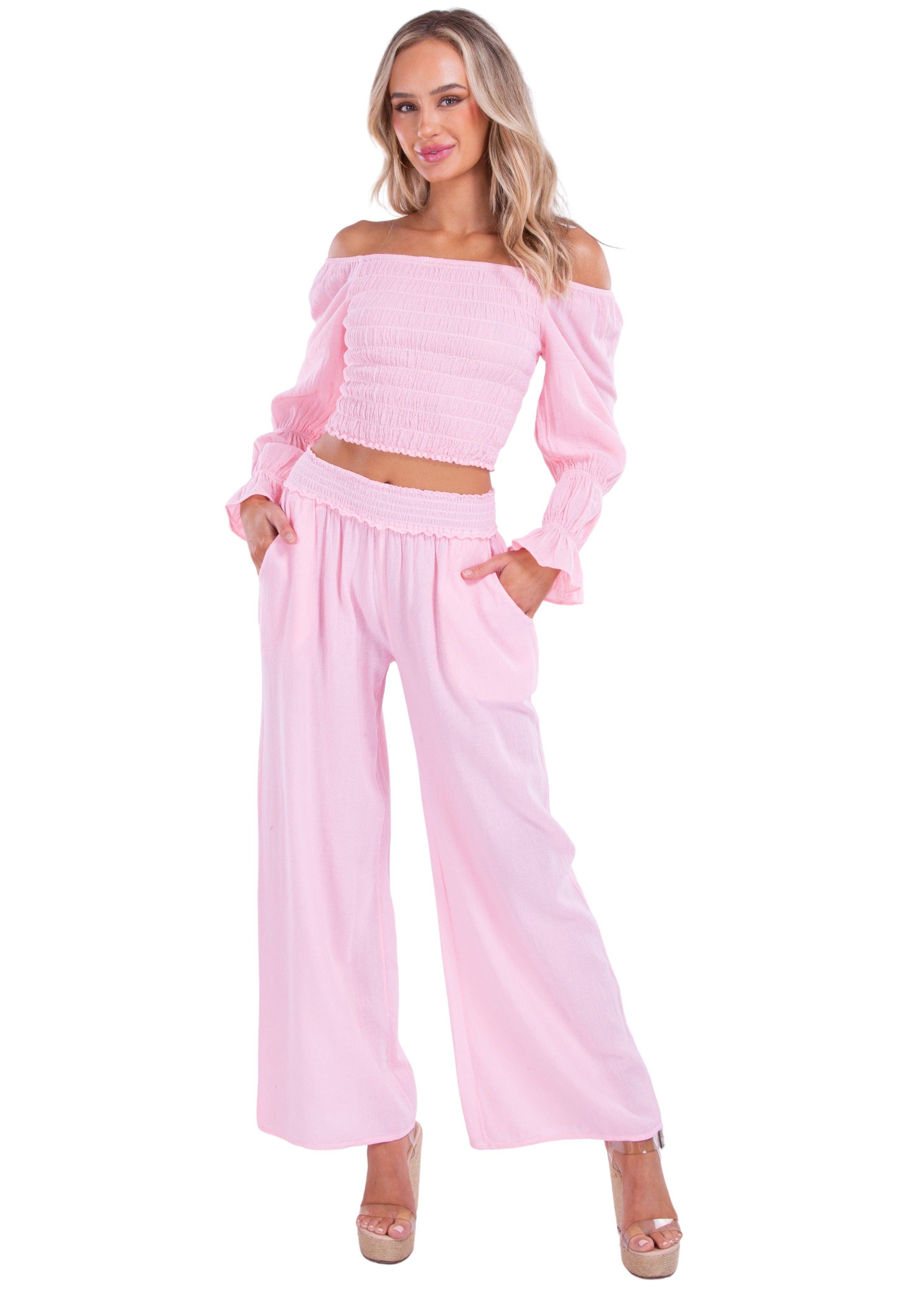 Smocked Waist Cotton Wide Leg Pants - Baby Pink for wholesale on Faire0