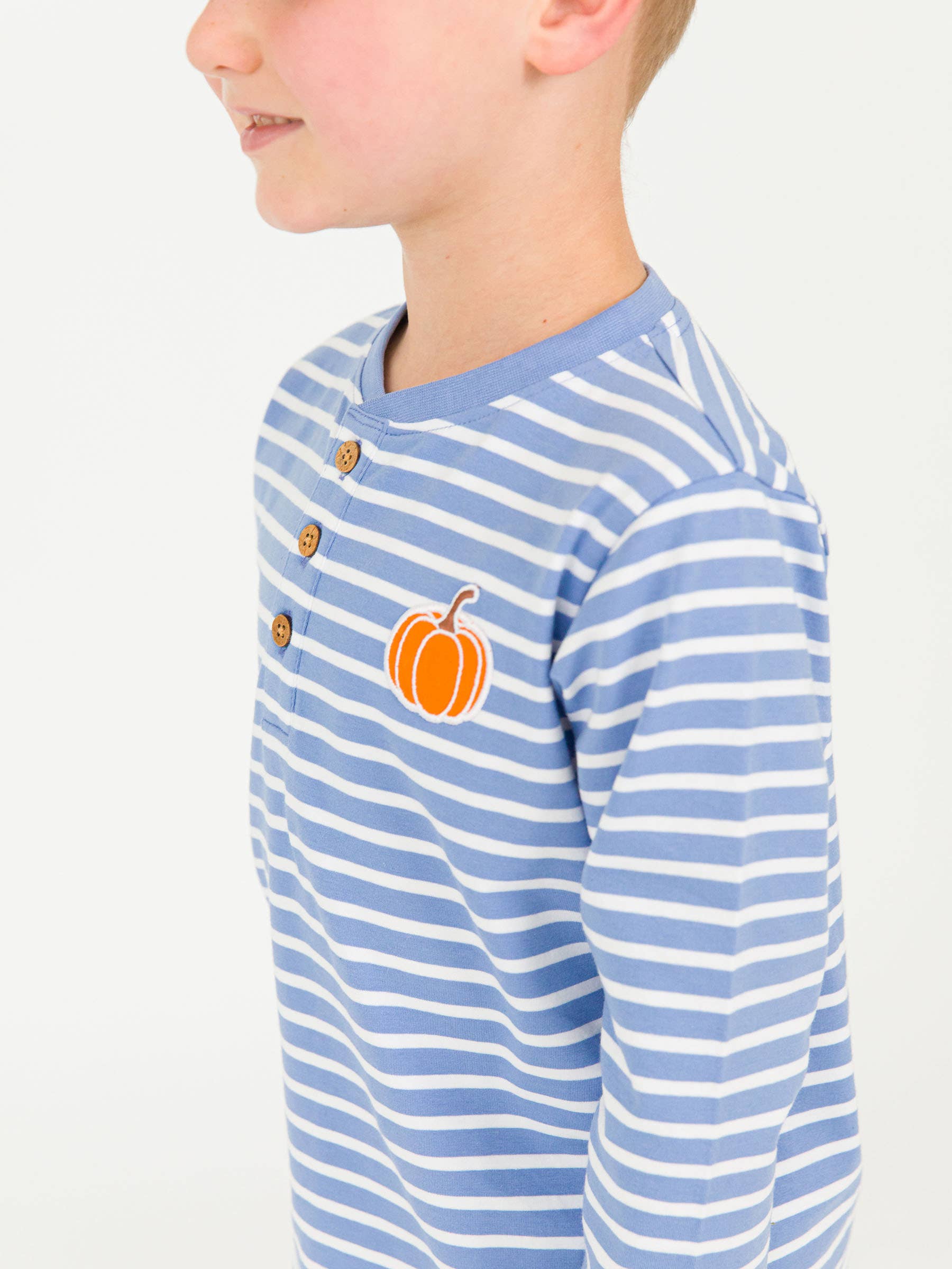 Boys Pumpkin Periwinkle Blue Stripe Knit Long Sleeve Embroidered Henley Tee for wholesale on Faire2