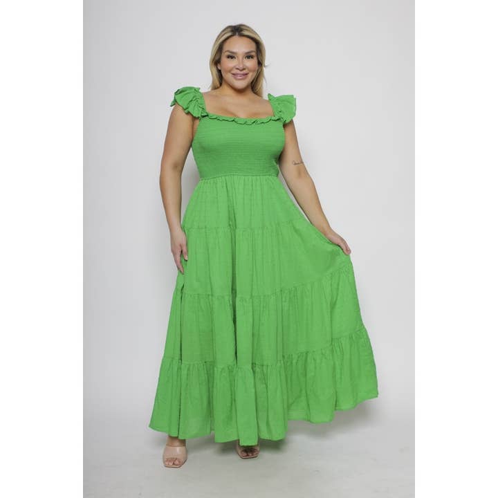 GESTUFTES MAXIKLEID MIT GESMOKTEM OBERTEIL UND RÜSCHENÄRMELN IN ÜBERGRÖSSE für den Großhandel von Curve Market