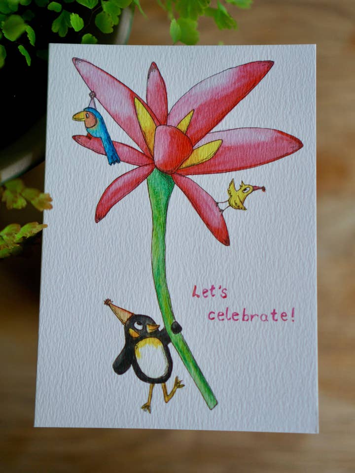 Let's celebrate - penguin birthday card for wholesale by Bowlt Studios