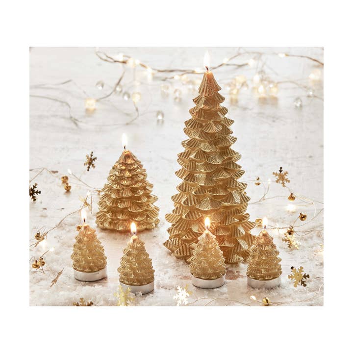 Multicolored Gold Fir Tree Tealight Candles Set of 4 for wholesale on Faire