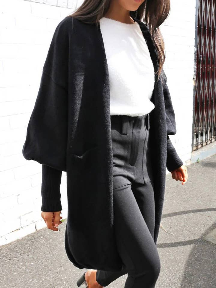 BLACK PUFFY SLEEVED BUTTON-DOWN SWEATER CARDIGAN for wholesale on Faire