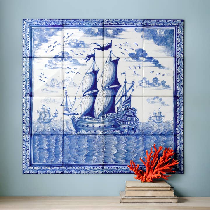 Nautical blue and white ceramic mural for wholesale by Reimagined by Anna Stark