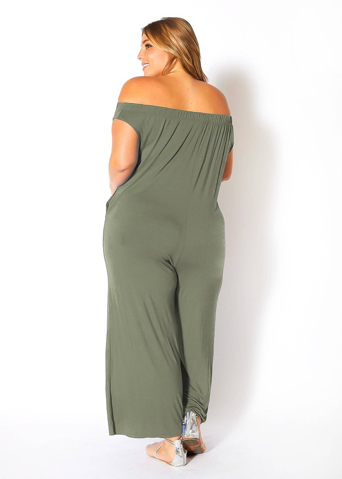 Robin K - Wholesale Jumpsuit - Women's - Bellatrix Plus Size Off Shoulder Wide Leg Jumpsuit9