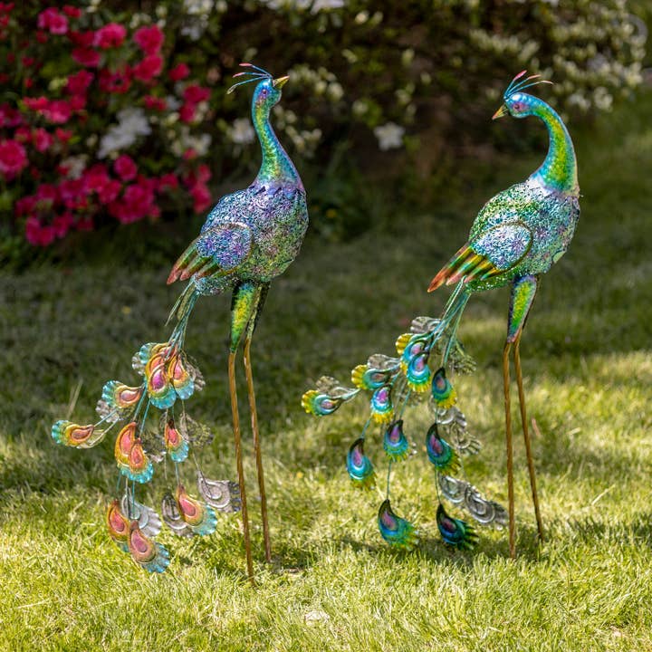 Zaer Ltd. International - Wholesale Outdoor Ornament/Decor - 35" Tall Standing Colorful Iron Peacocks in 2 Assorted Style