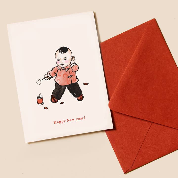 Boy with Firecracker 放鞭炮 New Year Greeting Card for wholesale by Overice