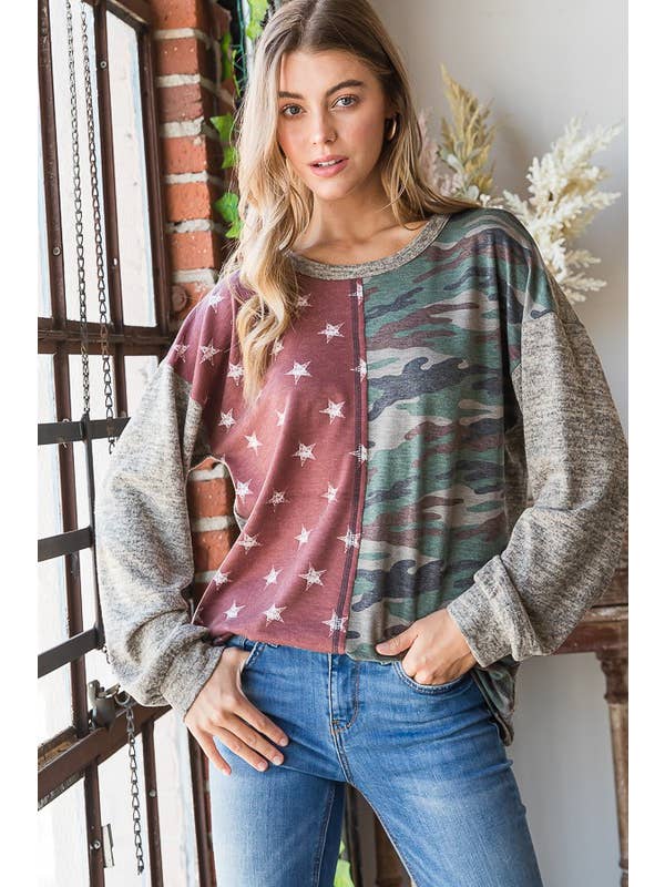 HEIMISH - Vendita all'ingrosso Tunica - Donna - TOP IN TINTA UNITA ET6905-10 CON MOTIVO A STELLA E CAMOUFLAGE CON CUCITURE1