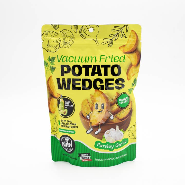 Parsley Garlic Crunchy Potato Wedges–100g Stand-Up Bag-15 ct for wholesale by Nibl by Aji Foods
