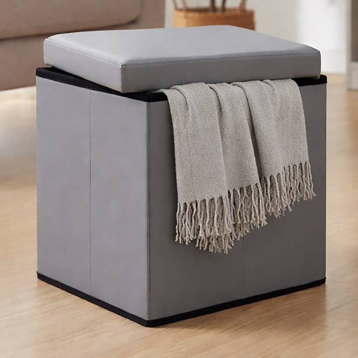 2 in 1 foldable Pouf and storage box - LEATHER look Cube for wholesale by Evideco French Home Goods