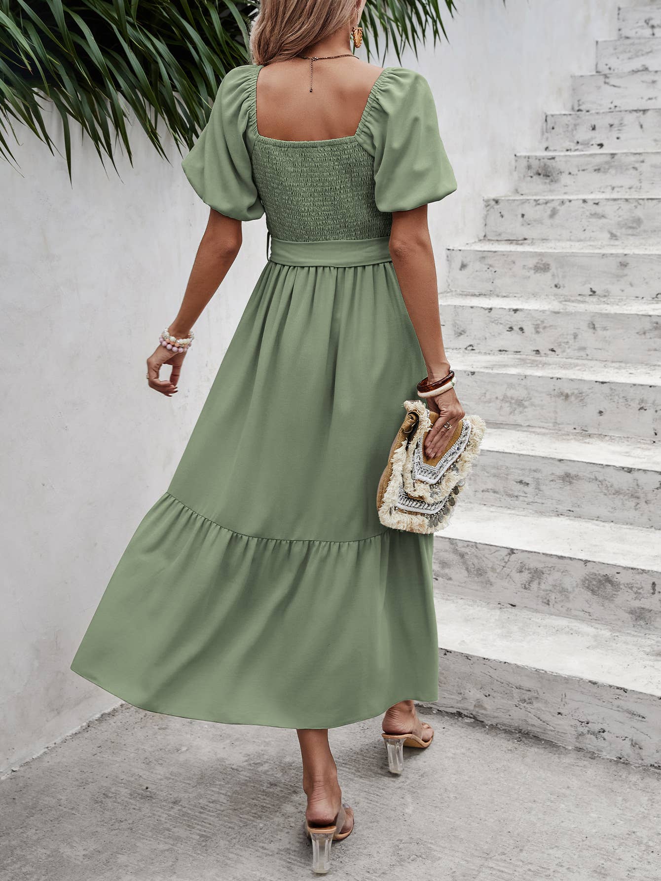 eLook - Wholesale Jurk - Dames - SZ1-DR1008 Midi-jurk met haakdetails en pofmouwen en riem23