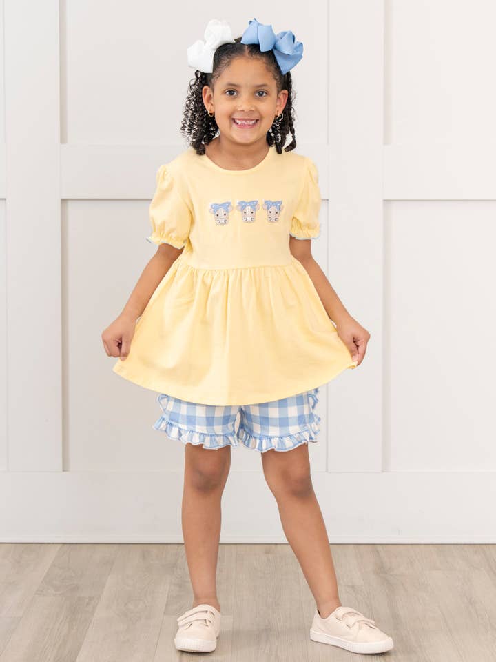 Marie Nicole Clothing - Wholesale Top & Short Set - Kids - Embroidered Cows Gingham Ruffle Outfit