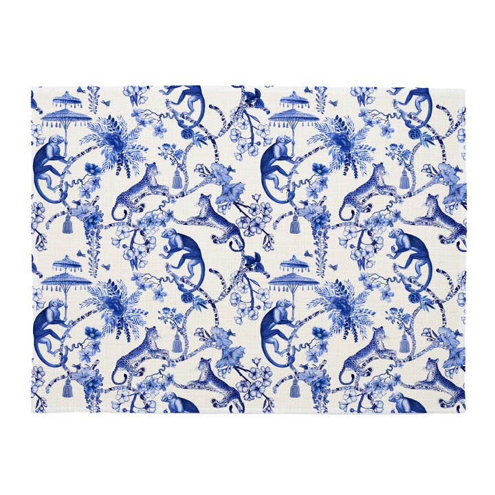 Chic Monkey Toile on Blue Linen Placemats for wholesale by Marye-Kelley
