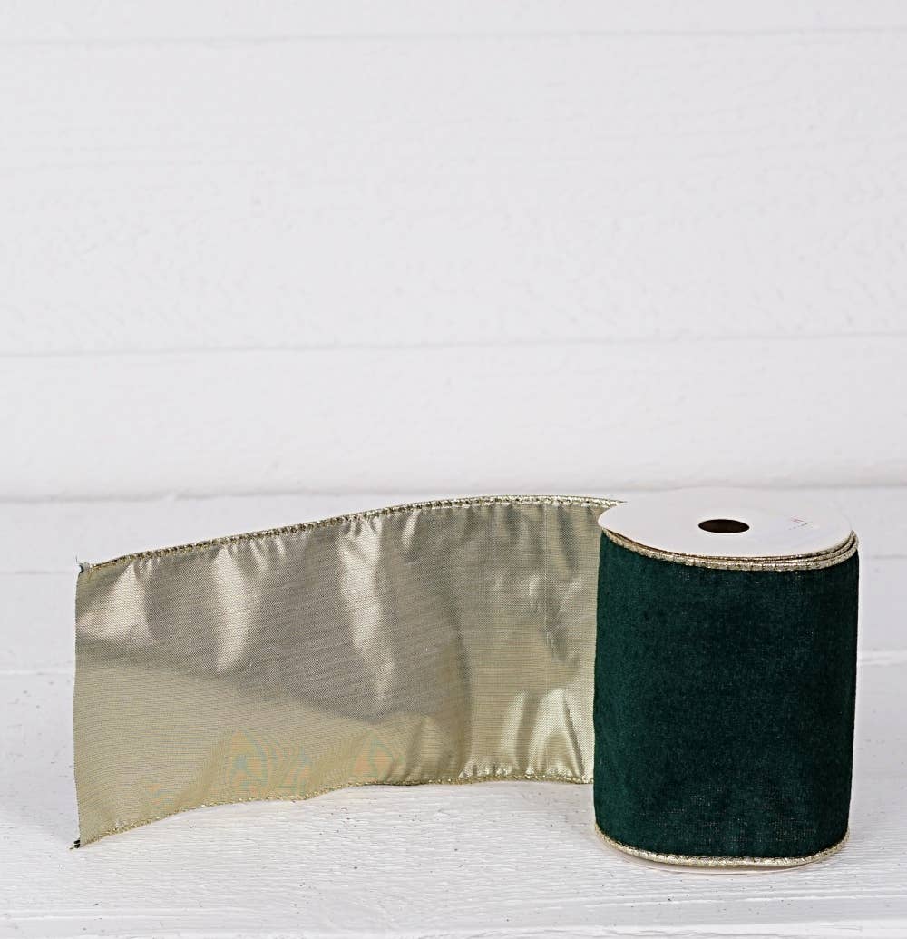 Holiday Depot Inc. - Wholesale Ribbon - Gift Wrapping - R32987-Wired Ribbon-Green velvet w. Gold Back, edges (4inW)2
