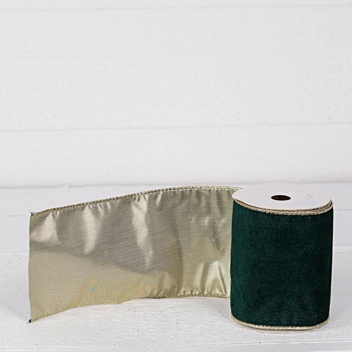 Holiday Depot Inc. - Wholesale Ribbon - Gift Wrapping - R32987-Wired Ribbon-Green velvet w. Gold Back, edges (4inW)2