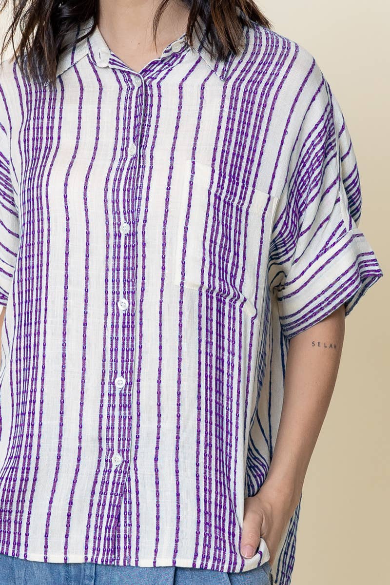 En Crème - Vente Chemise à col boutonné – femme - Haut boutonné rayé à manches courtes2