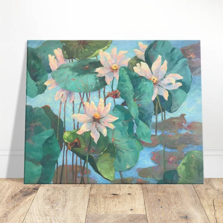 Stampa d'Arte su Tela 'Lily Pads' Floral I 16x20 pollici I Opera Originale dell'Artista Americana Barbara Cleary per la vendita all'ingrosso da parte di Barbara Cleary Designs