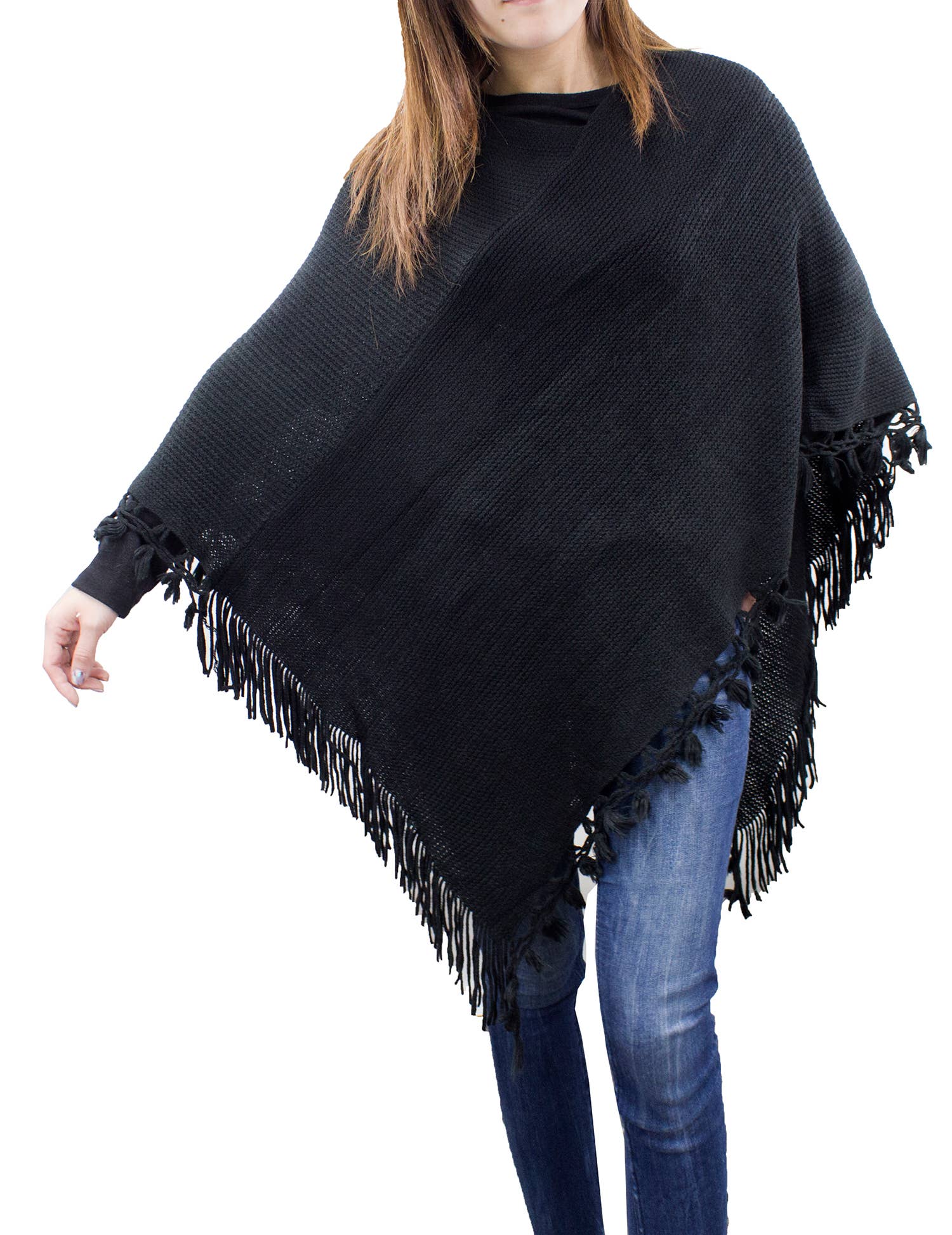 Fennco Styles - Venta al por mayor Poncho - Mujer - Suéter Poncho de Bloques de Color con Flecos41