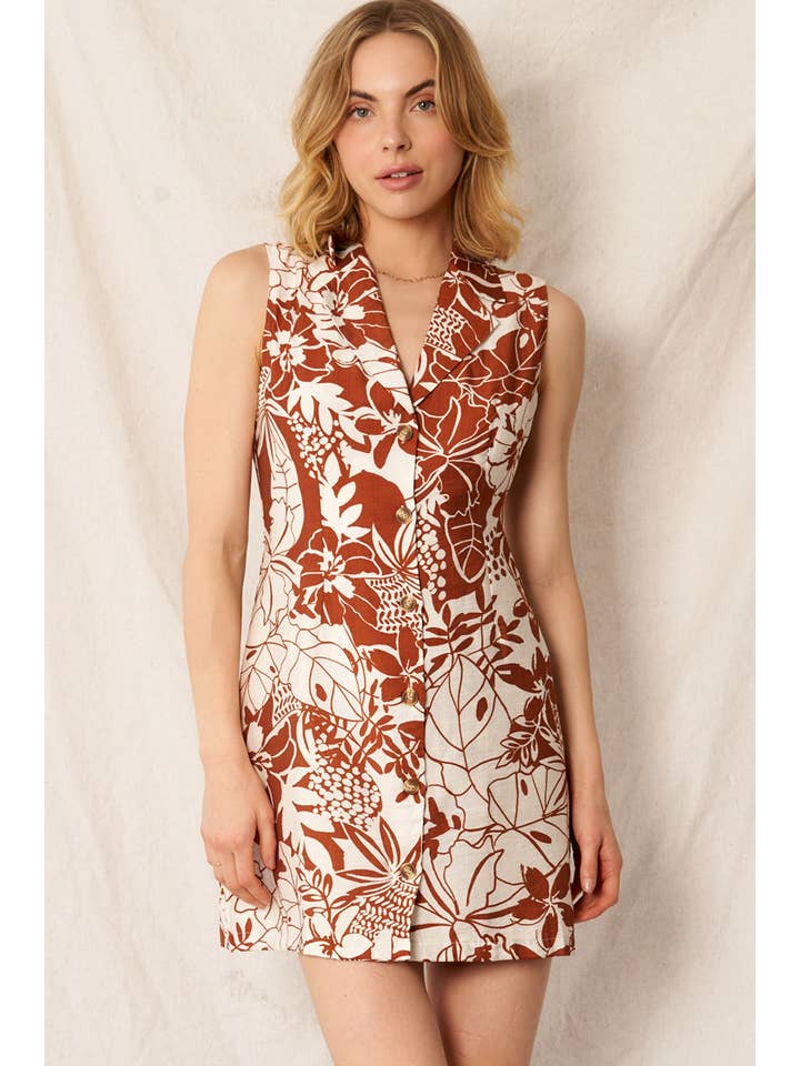 Ivory Brown Printed Sleeveless Button Down Mini Dress for wholesale on Faire