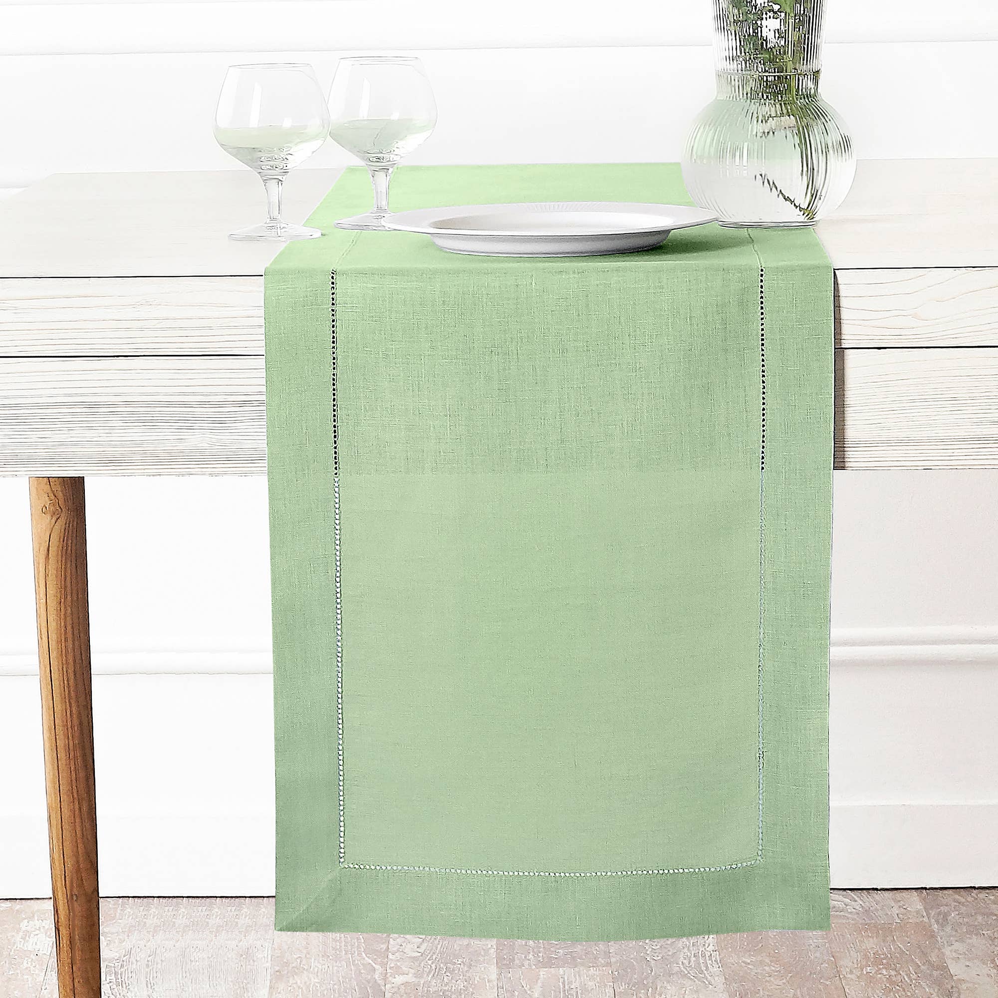 D'Moksha – wholesale Table runner – Sage Green Linen Table Runner - Hemstitch0